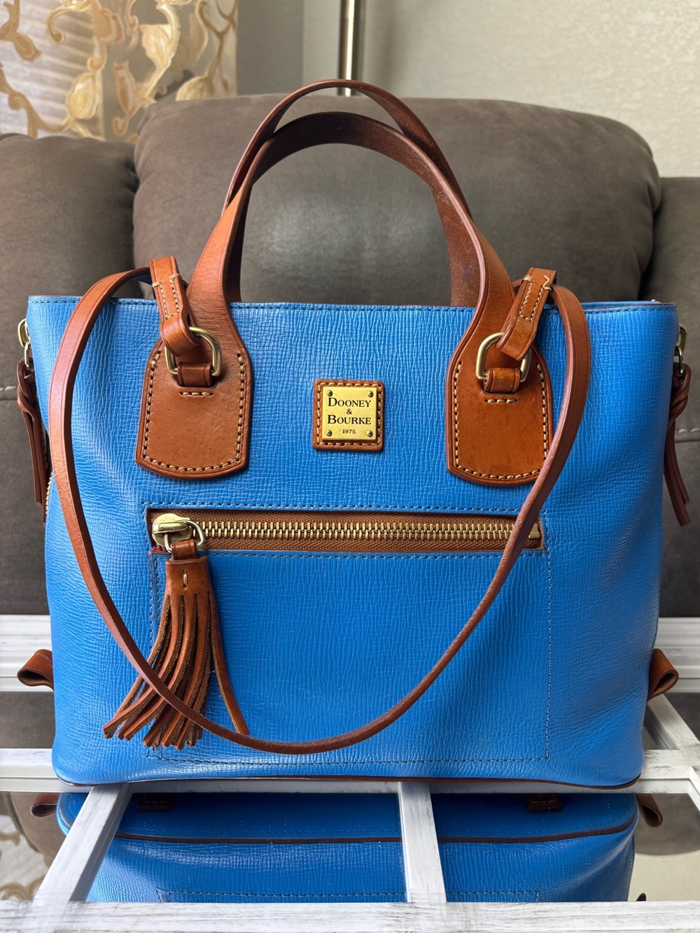 Dooney & Bourke Blue Saffiano Leather Tote with Brown Trim. EUC
